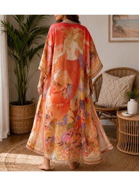 Mermaid Kimono Duster Robe Coral Ocean Print Sea Life Beach Cover Up